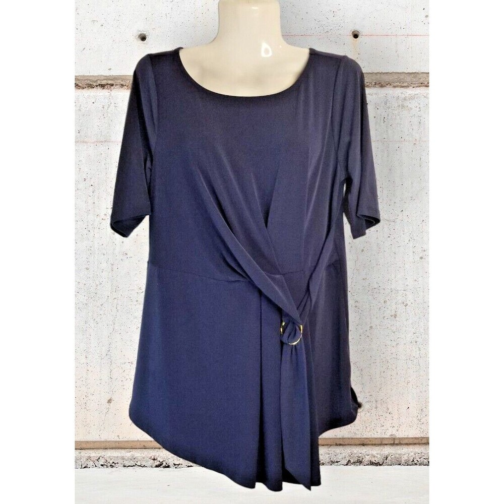 IMAN Women's Top Blouse Navy Blue Faux Wrap Liquid Knit Size XS